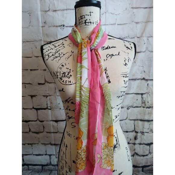 Floral  Long Rectangular Lightweight Scarf Spring Easter Pink Orange  Semi Sheer - Picture 3 of 4